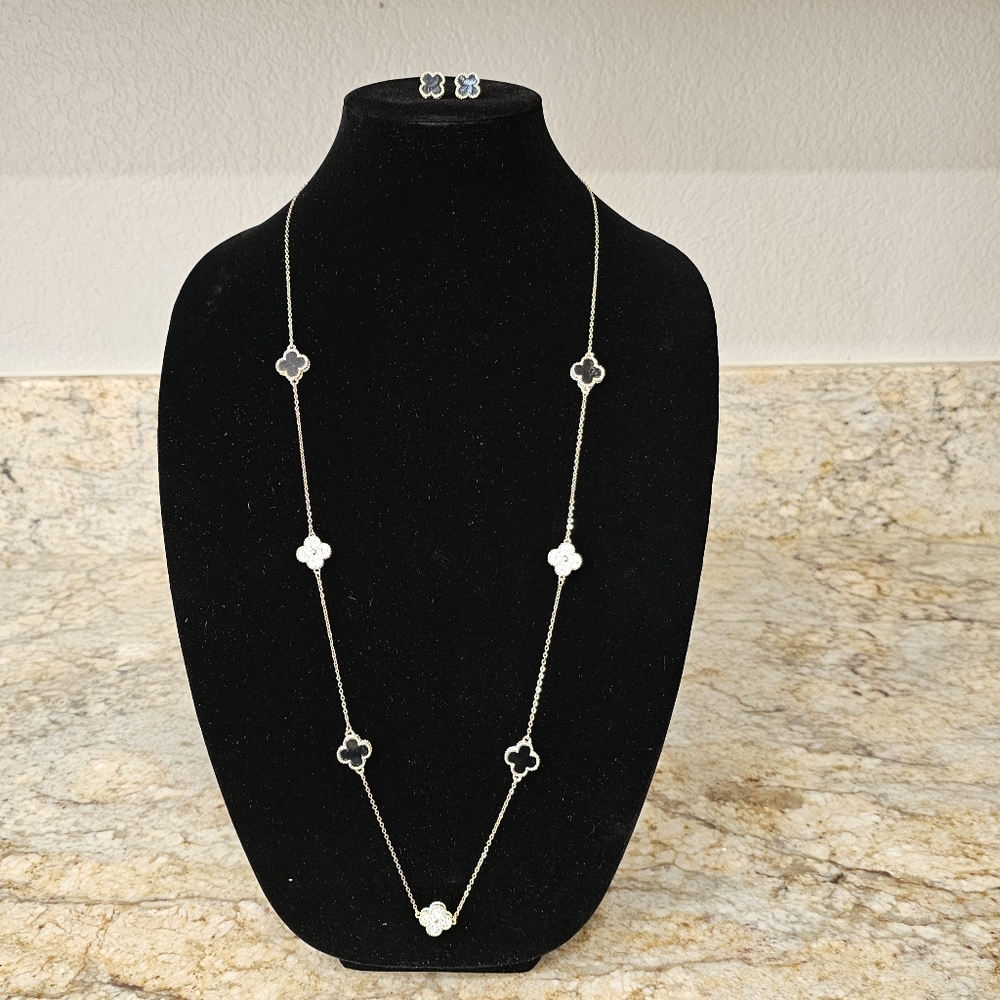Four Leaf Clover Gold & Black Necklace With CZ And Onyx Like Stones W Earrings